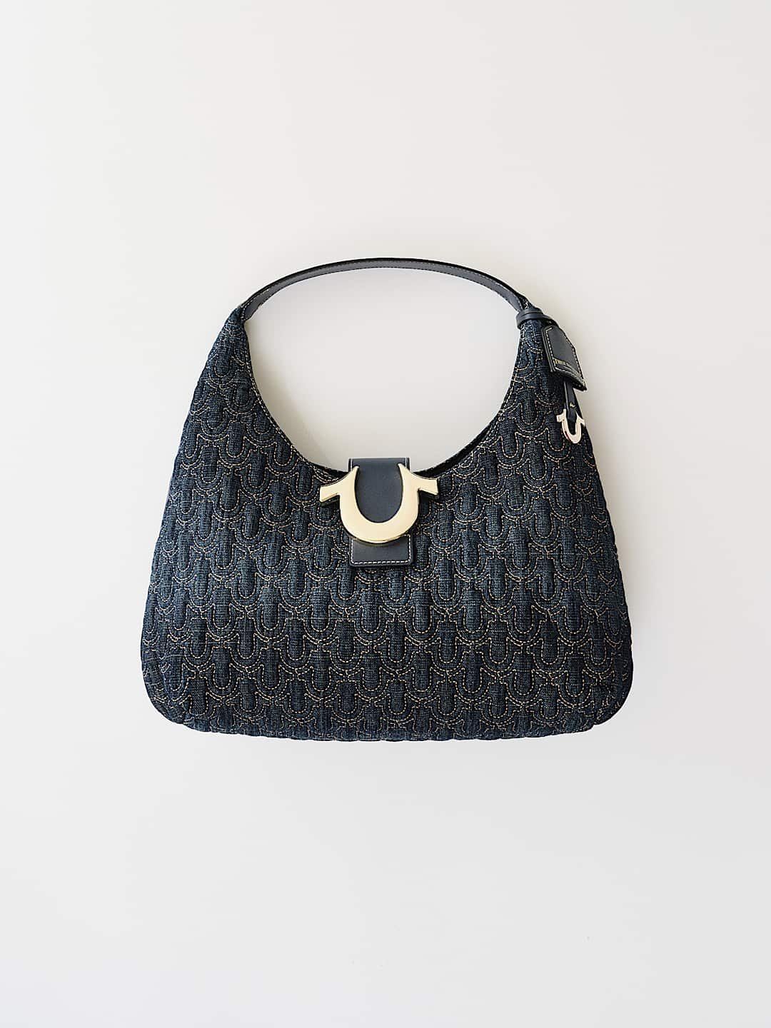 True Religion Quilted Denim Hobo Bag Nwt Dark Wash Horseshoe Hardware Nwt